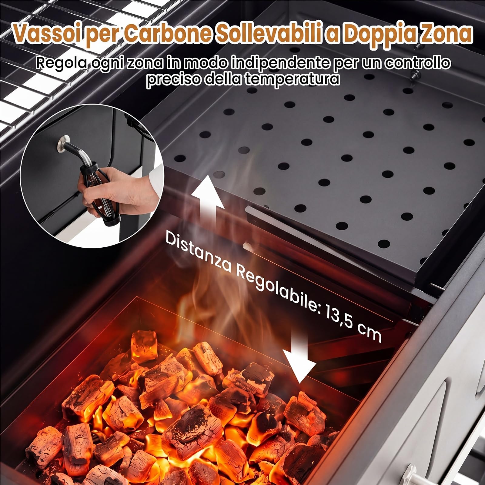COSTWAY Barbecue a Carbone, Barbecue Portatile Affumicatore con Ruote | Griglia Regolabile in Altezza e Tavolini Laterali,Carrello BBQ da Esterno con Copertura e Termometro per Giardino e Campeggio