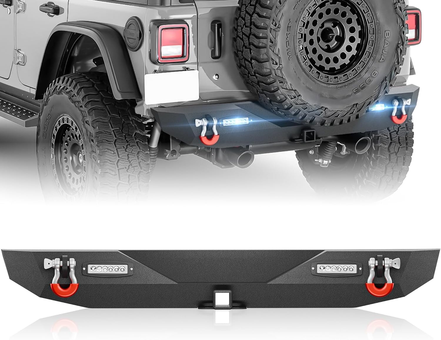 for Wrangler JL Rear Bumper Compatible with 2018 2019 2020 2021 2022 2023 2024 2025 2026 Jeep Wrangler JL JLU Unlimited Off-Road Bumper with 2" Standard Hitch Receiver, 2 x LED Lights & D-Rings