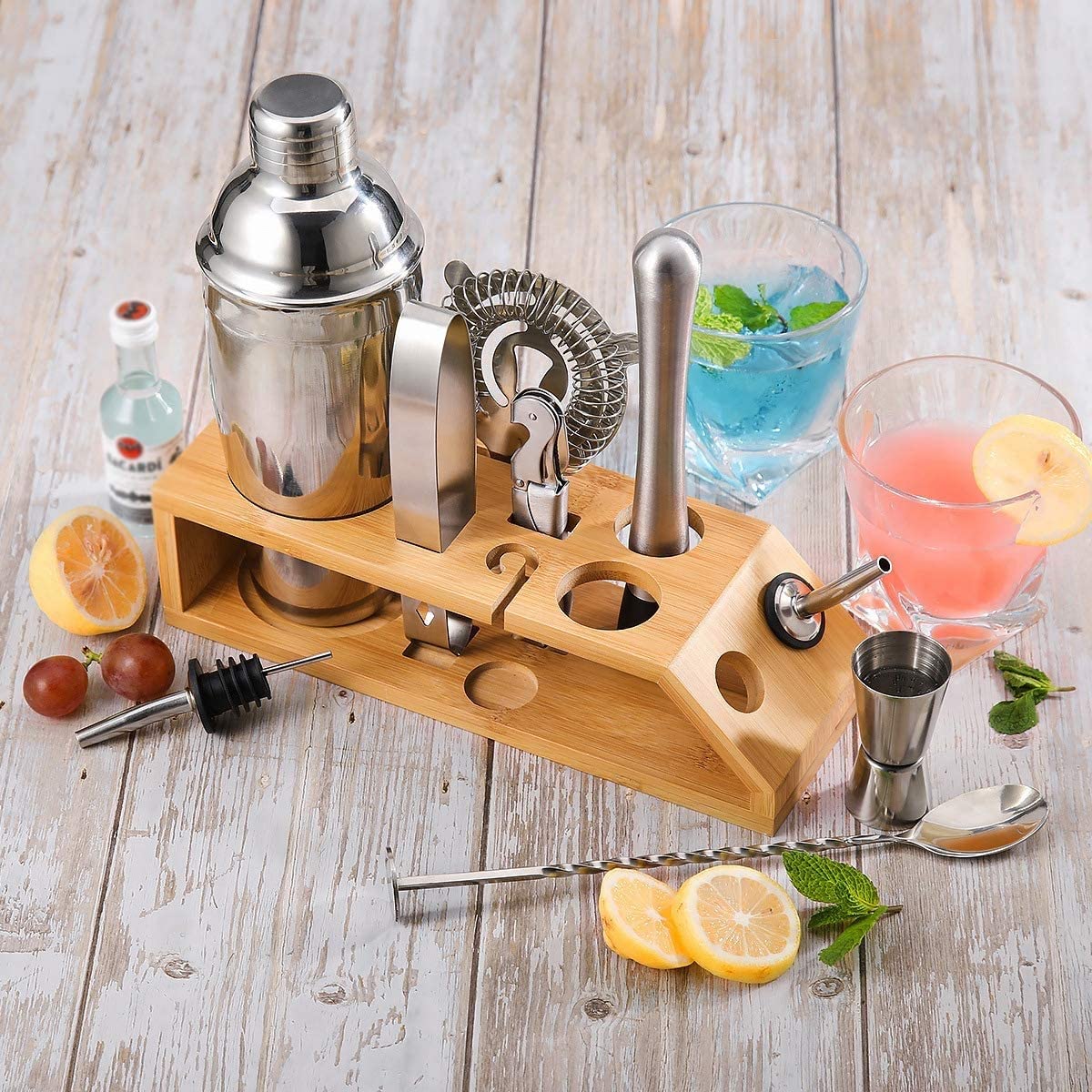 Ensemble de fabrication de cocktails, Shakers à cocktails Party Bar Barman Accessoire essentiel en acier inoxydable Kit Outil avec présentoir en bois Ensemble d'outils de barre for les bars à l