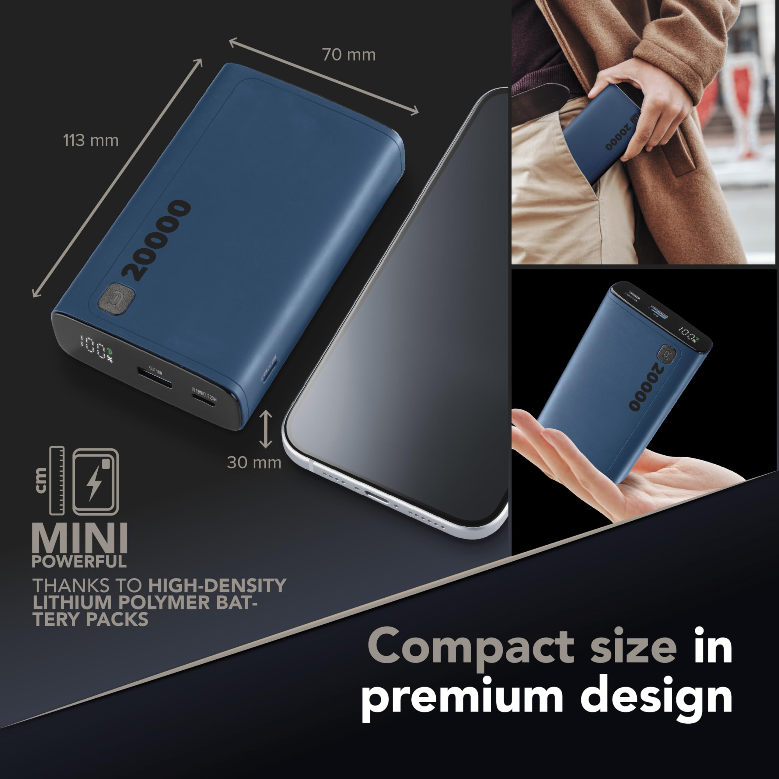 Cellularline - Elite 20000 - przenośna ładowarka - pojemność 20000 mAh - + 144 godziny dodatkowego ładowania - 1 x USB OUTPUT: technologia adaptacyjna 18 W, 2 x USB-C INPUT: 18 W/OUTPUT: 20 W, PD,