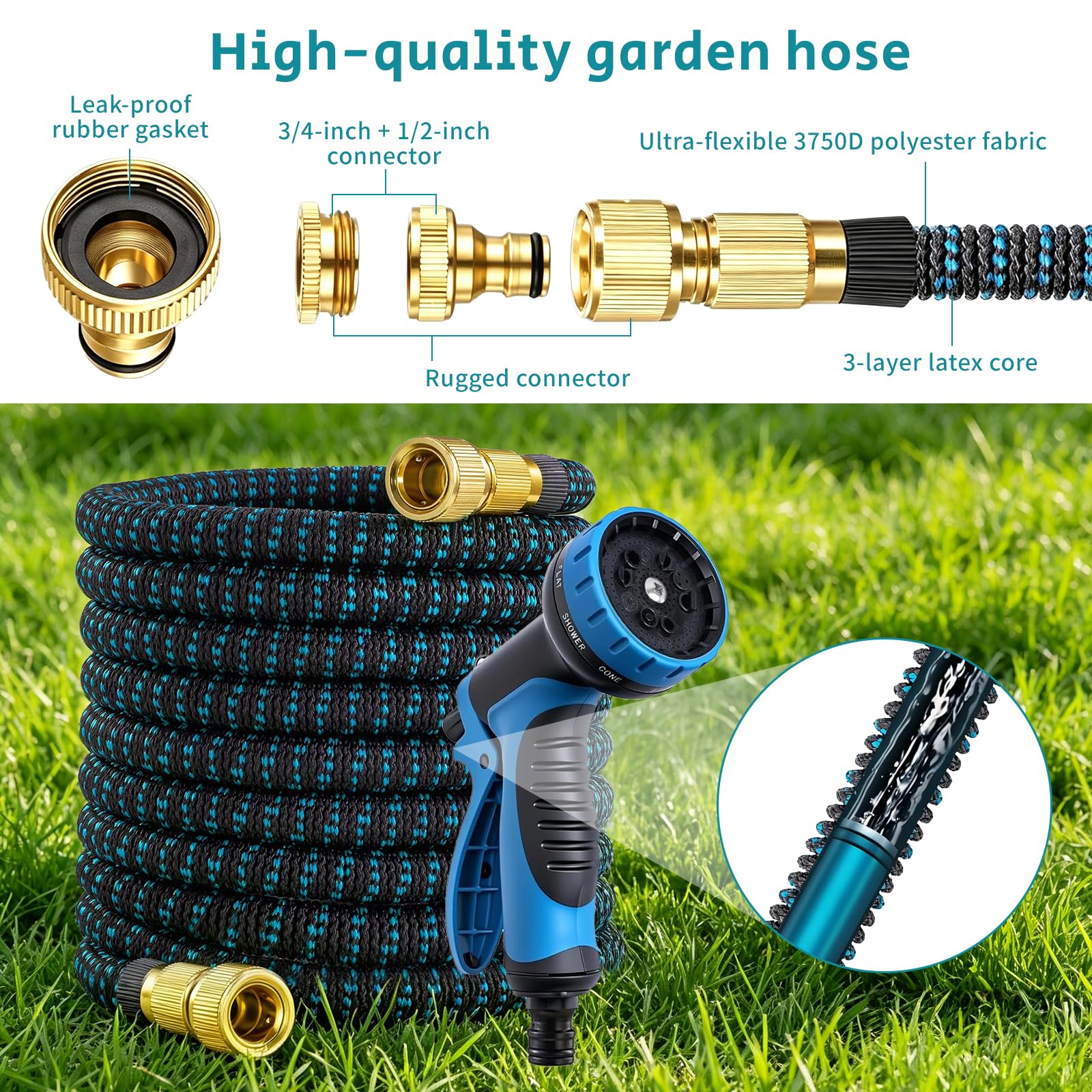 Manguera Jardin 15m, Manguera Jardin Extensible con Pistola de 10 Funciones para Exterior e Interior, Garden-Hose con Conectores de 1/2" y 3/4" para Familiase con Jardín y Huerto