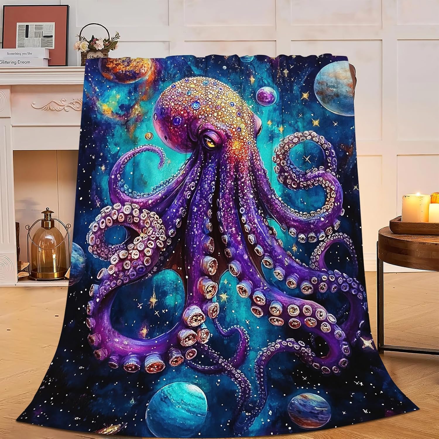 Yibuda Space Octopus Blanket Cosmic Galaxy Flannel Plush Throw Blanket Cozy Fantasy Planet Decor Fleece Stuff Blanket Gifts for Octopus Lover Girls Boys Kids Adults Women Bed Travel 40"x50"