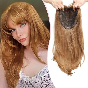 Hair Topper Long Wavy 18inch Strawberry Blonde Hair Topper with Bangs Big Base Cover Thinning Hair Clip in Hair Toppers for Women Fiber Wiglets with Fringe