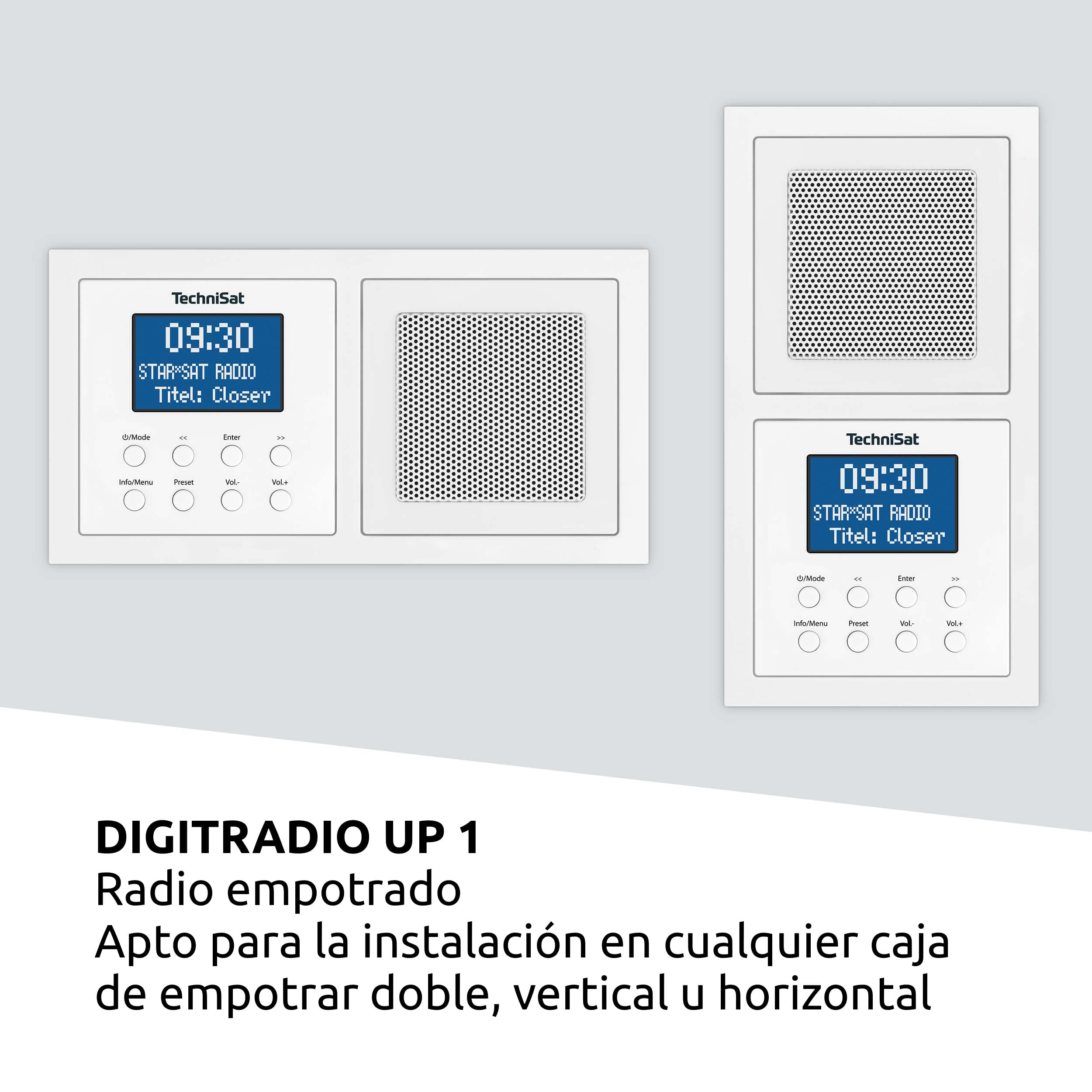 TechniSat DIGITRADIO UP 1 - Radio Dab+ Empotrable para su Instalación en Enchufes Dobles (Dab, FM, Bluetooth, Pantalla LCD Regulable, Despertador, Temporizador para Dormir, 2 Vatios RMS) Blanco