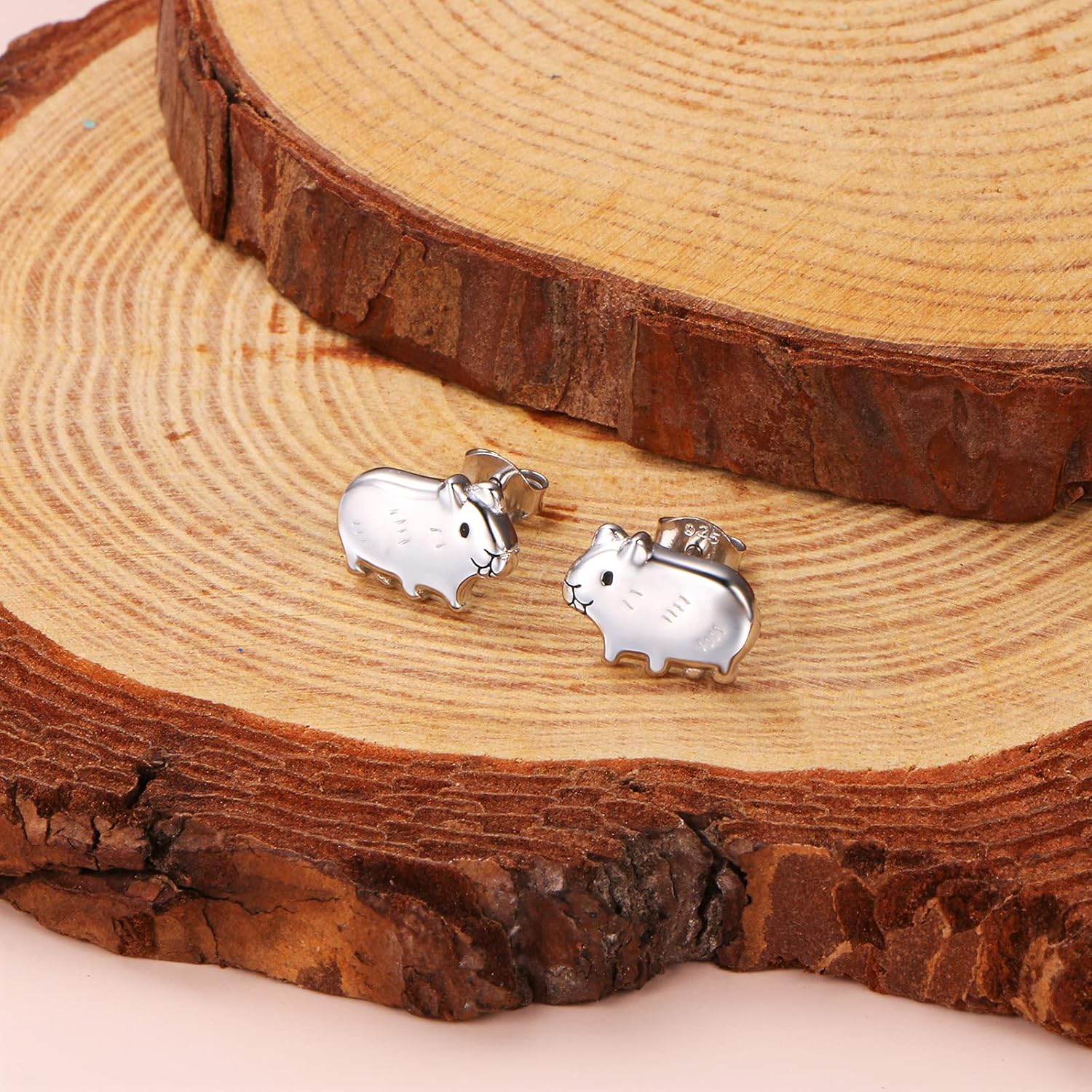 Guinea Pig Jewelry Set 925 Sterling Silver Guinea Pig Pet Hamster Ring Engraved Always in My Heart Cute Animal Stud Earrings and Necklace Jewelry Gift for Women Daughter