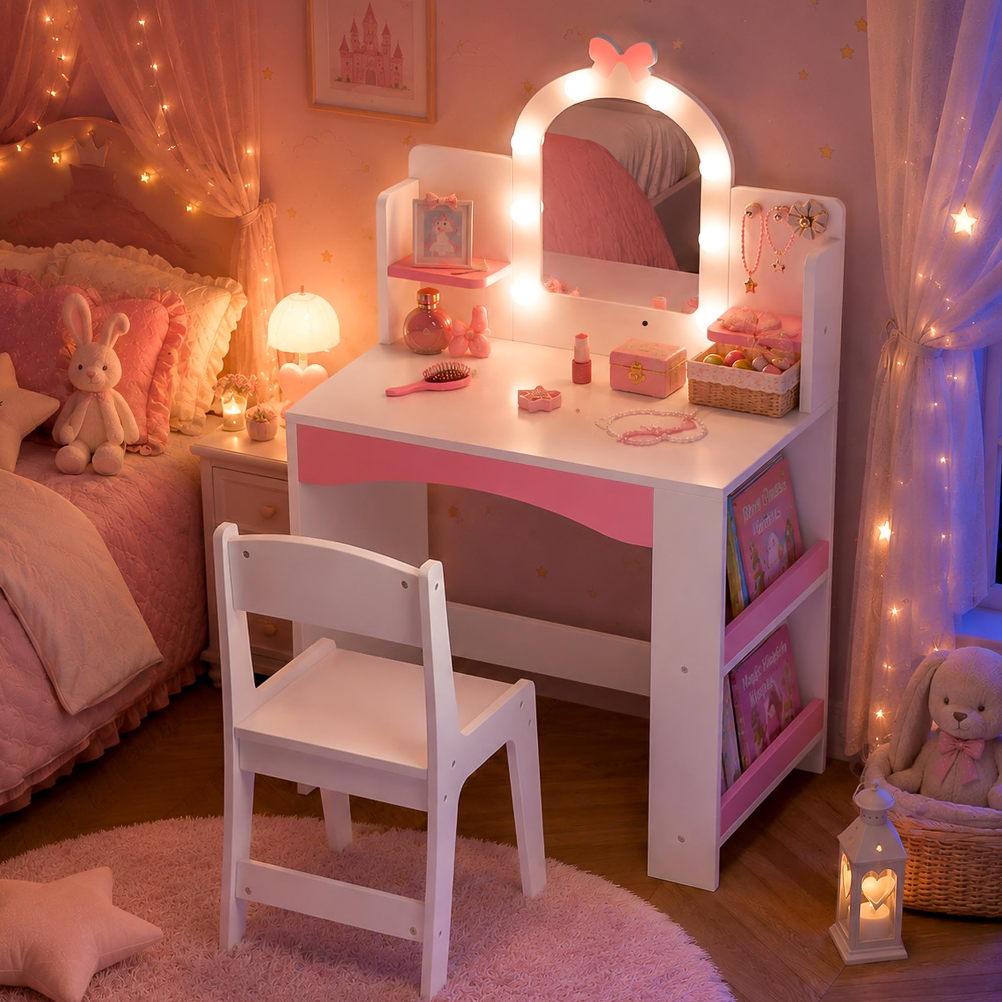 Xilingol Kids Vanity Table and Stool Set,Princess Makeup Vanity Table,Children Study Desk with 2-Color Lights Mirror,Bookshelf& Storage Shelves,Pretend Play Dressing Table Set for Little Girl,White