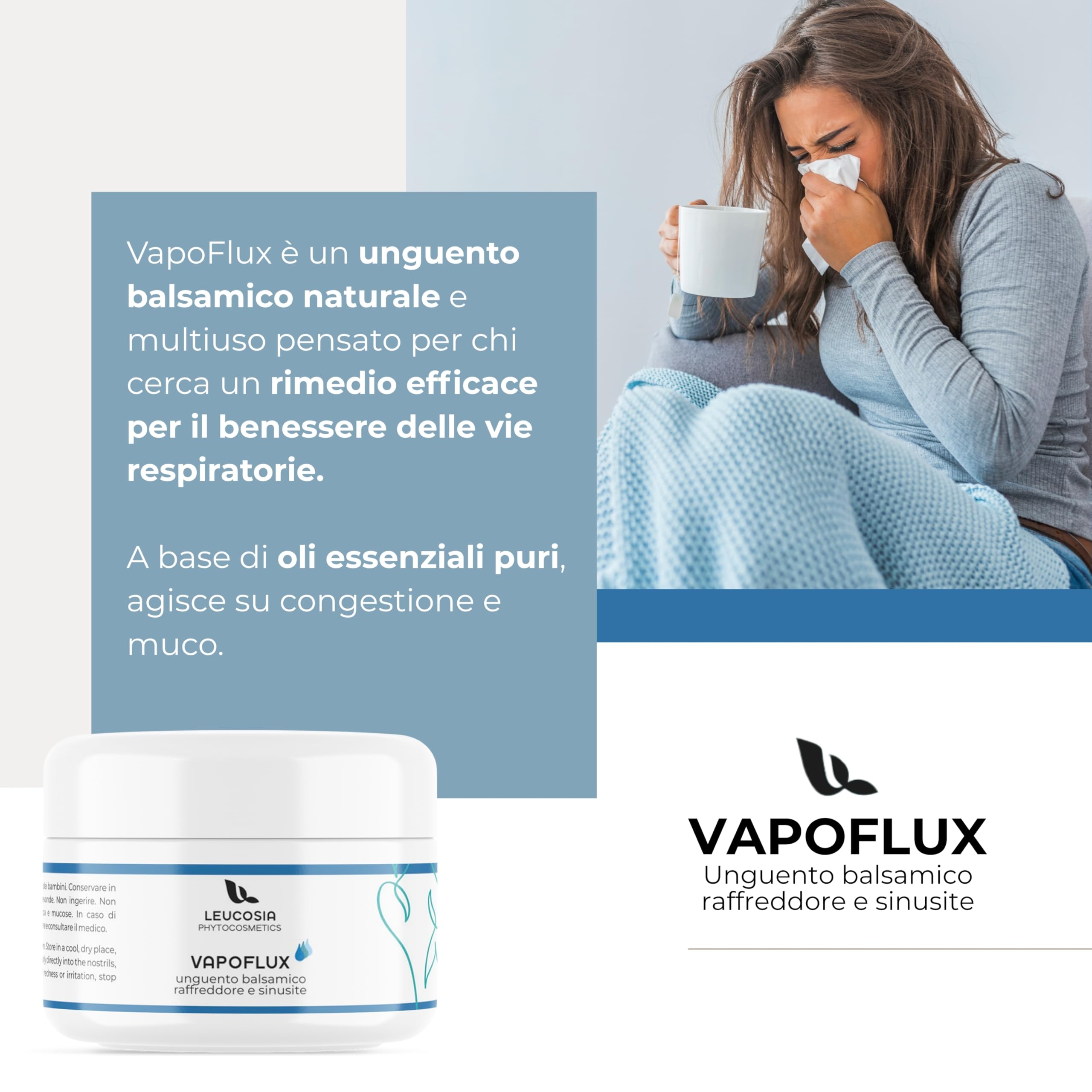 VapoFlux Unguento Balsamico Naturale 50 ml, Supporto per le Vie Respiratorie con Oli Essenziali di Eucalipto, Tea Tree e Menta, Decongestionante e Fluidificante