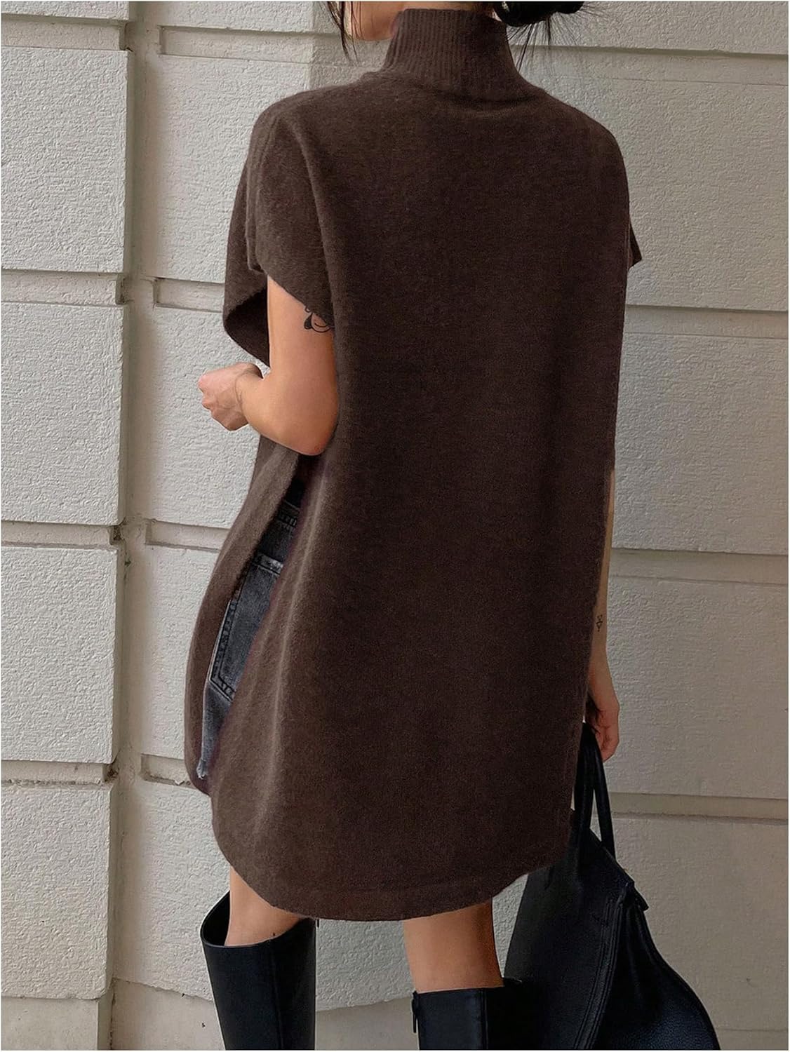 Milumia Women's Mock Turtleneck Long Sweater Vest Cap Sleeve Side Slit Fall Knit Tops - Image 2