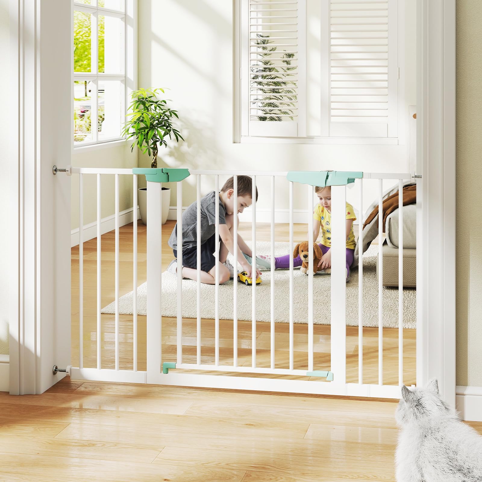DREAMADE Barriere de Securite Enfant et Animaux sans Perçage 80-132CM avec Extension et Kit de Montage,Barrière d'Escalier à Fixation par Pression avec Fermeture Automatique,Cadre Métal (Blanc)