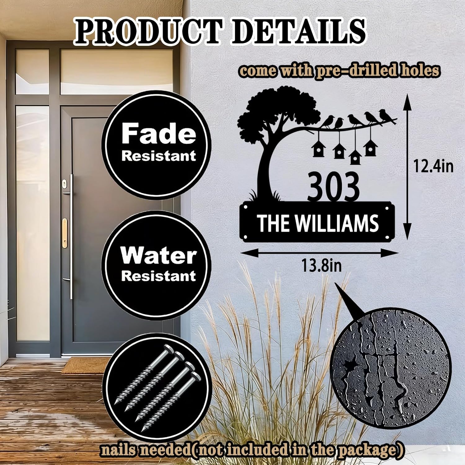 Personalized Tree Metal Address Sign for Wall, Birds Custom Metal House Number Plaque Outdoor, Customized Street Name Laser-Cut Art, New Homeowner Housewarming Gift