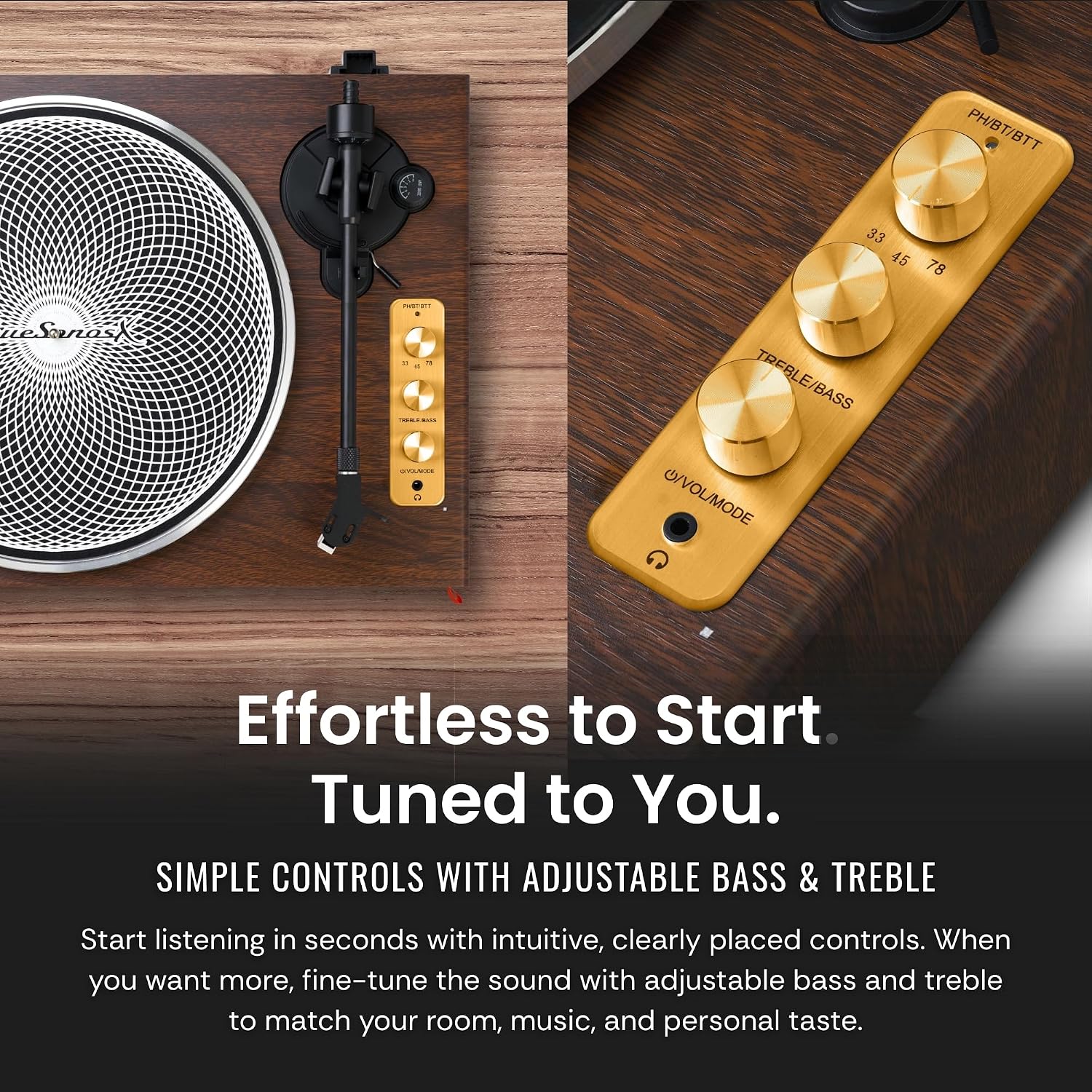 Hi-Fi Record Player with Speakers | Premium Vinyl Turntable with Bluetooth Capability | Built-in 4-Speaker Stereo System | 33/45/78 RPM Playback, Dark Walnut + Gold Trim