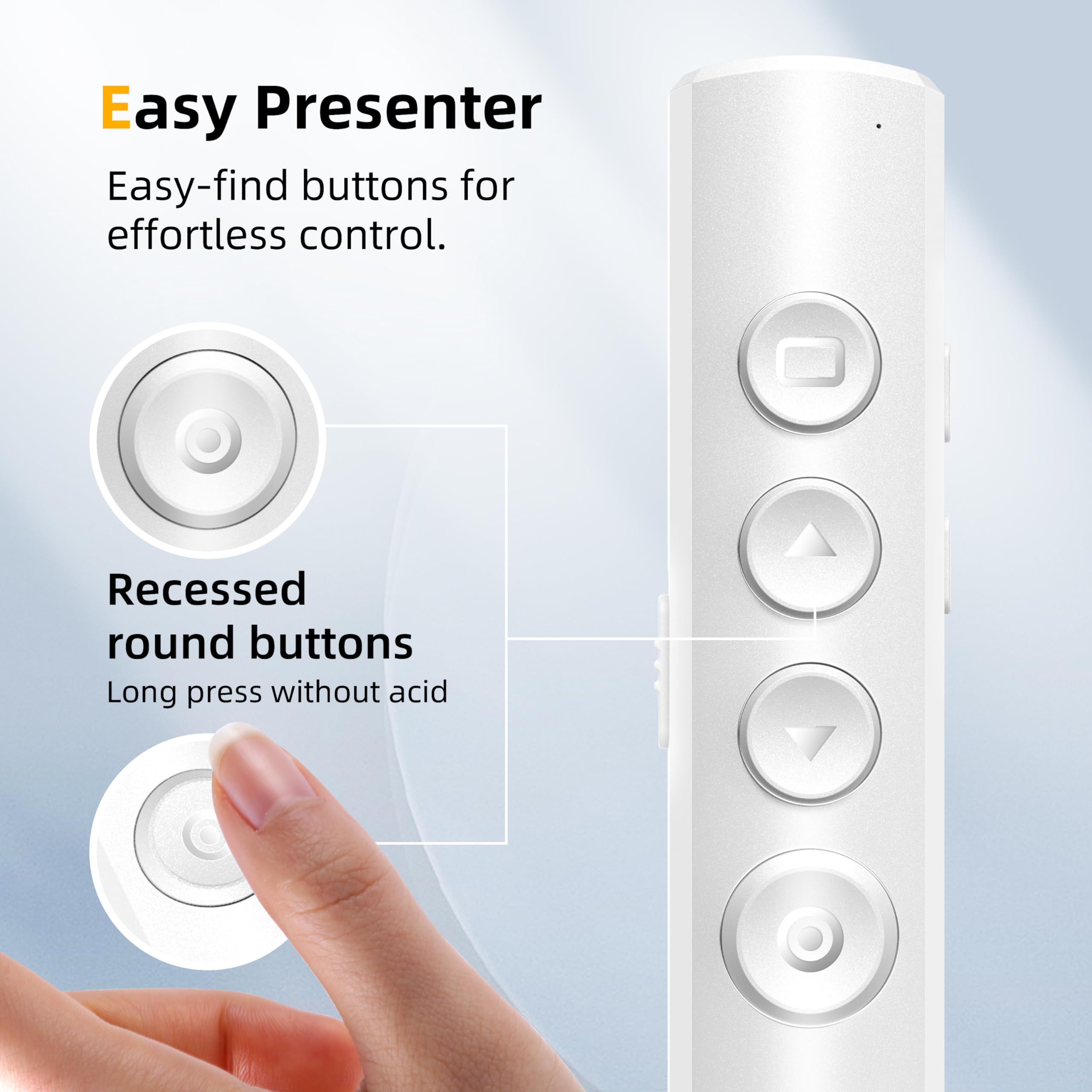 Wireless Presentation Clicker for Powerpoint Slideshow, Office/Classroom PPT Remote Presenter Pointer Slide Advancer with USB Receiver for Computer/MacBook Laptop/PC White Red Light