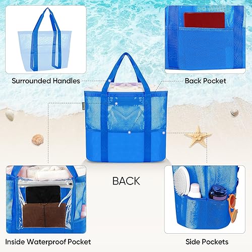 Miniatura 4 de BALEINE Bolsa de playa grande Bolsas de piscina, bolsa de playa de malla para juguetes, toalla, chanclas, Azul oscuro