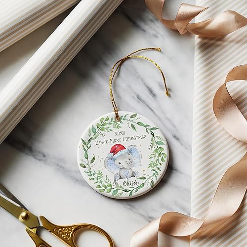 Miniatura 6 de Adorno personalizado para la primera Navidad del bebé 2025, adorno de elefante para recién nacido, recuerdo de cerámica con nombre personalizado,