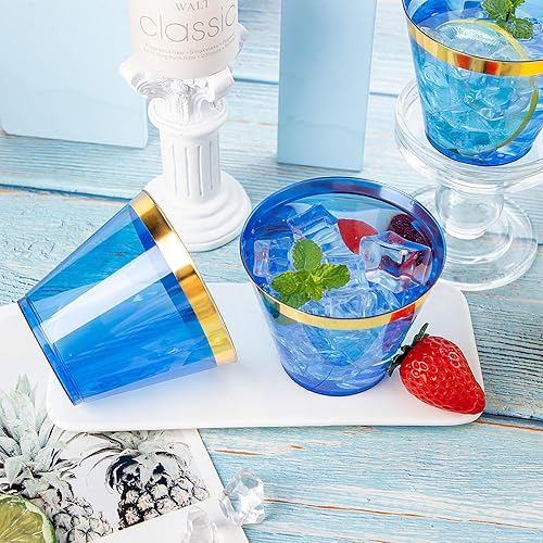 Miniatura 7 de Nervure 240 vasos de plástico azules  Vasos de plástico con borde dorado de 9 onzas  Vasos de plástico azul desechables resistentes con borde