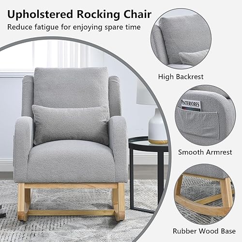 Miniatura 3 de NIOIIKIT Mecedora para guardería, sillón moderno de respaldo alto con bolsillos laterales, balancín deslizante con asiento acolchado, almohada