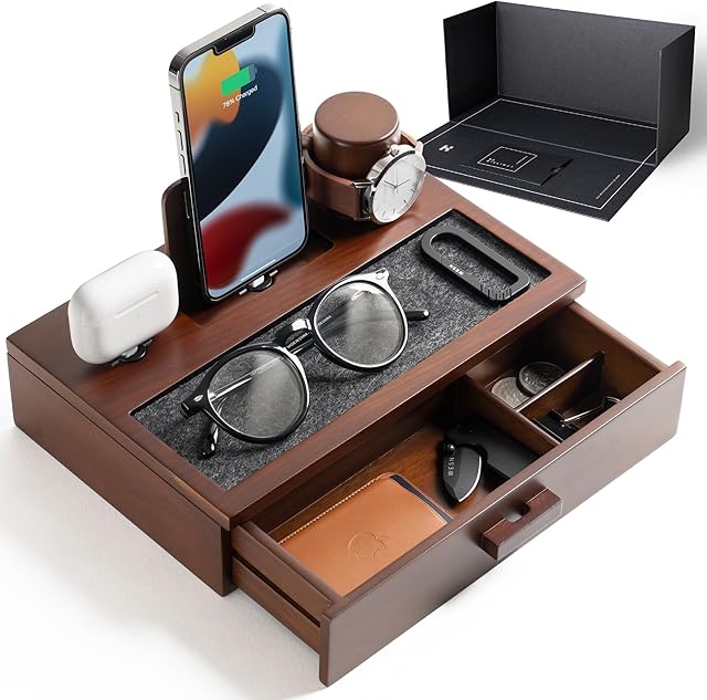 Nightstand Organiser For Men - Wood Phone Docking Station to Charge Your Phone & Earbuds - Wood Charging Station with Lined Tray & Drawer - Mens Docking Station - Gifts for Dad Birthday Gifts for Men