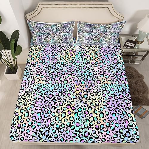 Erosebridal Juego de ropa de cama Queen con estampado de leopardo morado para mujer, sábanas de cama con estampado de guepardo arco iris, sábana