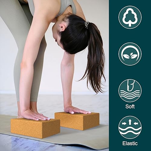 Miniatura 2 de CREHNIL Bloques de yoga de madera de corcho de alta densidad, paquete de 2 unidades de pilates de ladrillo suave, juego de soporte de mano de 9 x 6