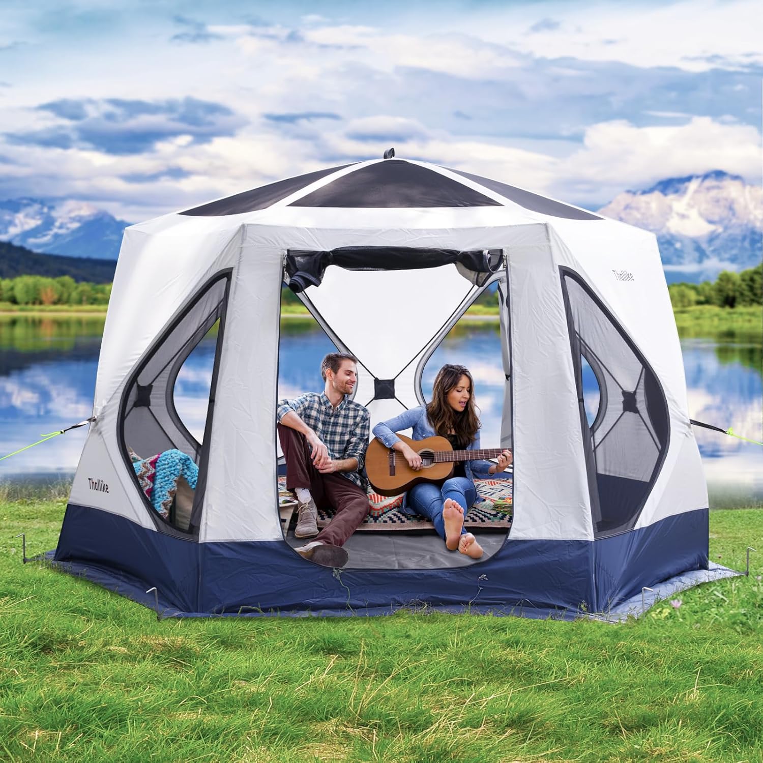 XL Camping Tent 4/6 Person with 40.86sq.ft, Hub Tent with 10 Windows,Easy 60S Setup Hub Tent for Family Outdoor Picnic Fishing,141 * 141 * 78inch