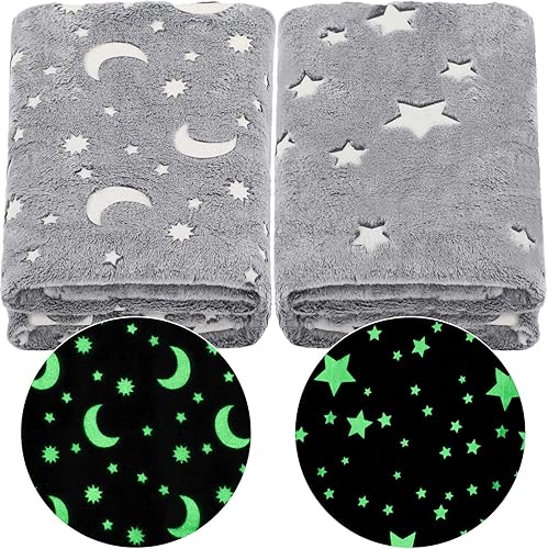 Chumia 2 piezas que brillan en la oscuridad, manta de franela de forro polar, suave, cálida y acogedora para niños y niñas, 47 x 59 pulgadas (luna,