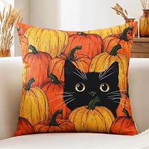 OTOSTAR Fall Throw Pillow Cover 20x20 Inch, Set of 1 Pumpkins and Black Cat Pillowcase Autumn Thanksgiving Cushion Cover for Sofa Living Room Holiday Party Fall Decor