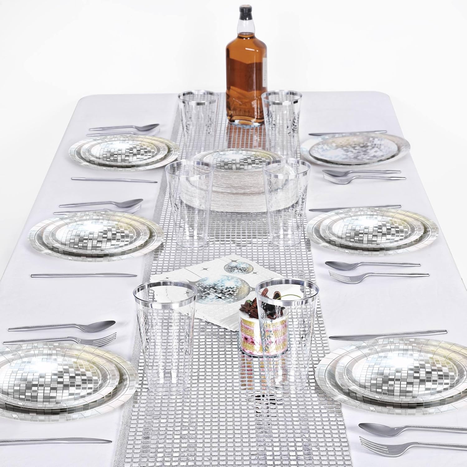 Durony 351-Piece 70s & 80s Disco Party Supplies - Silver Disco Ball, Paper Plates, Cups, Cocktail Napkins, Plastic Cutlery, Table Runner - Serves 50