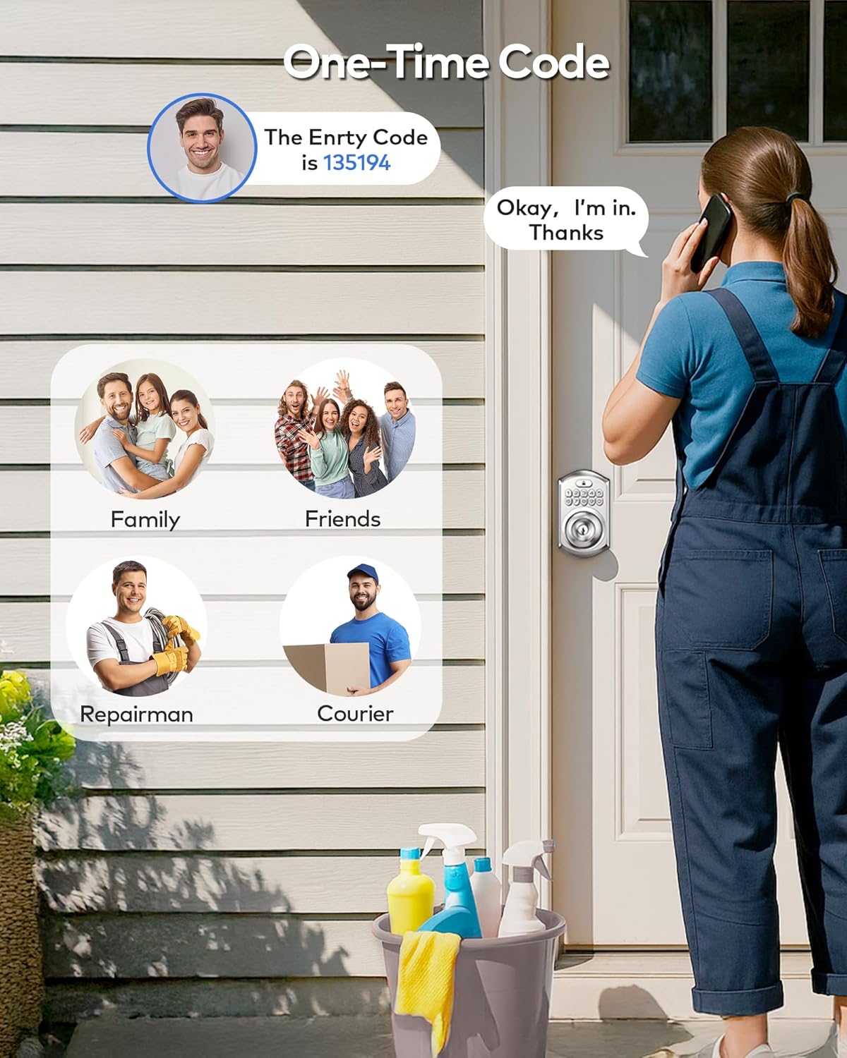 A woman receiving a one-time entry code on her phone, with images of family, friends, a repairman, and a courier, demonstrating the use of one-time codes for various visitors.