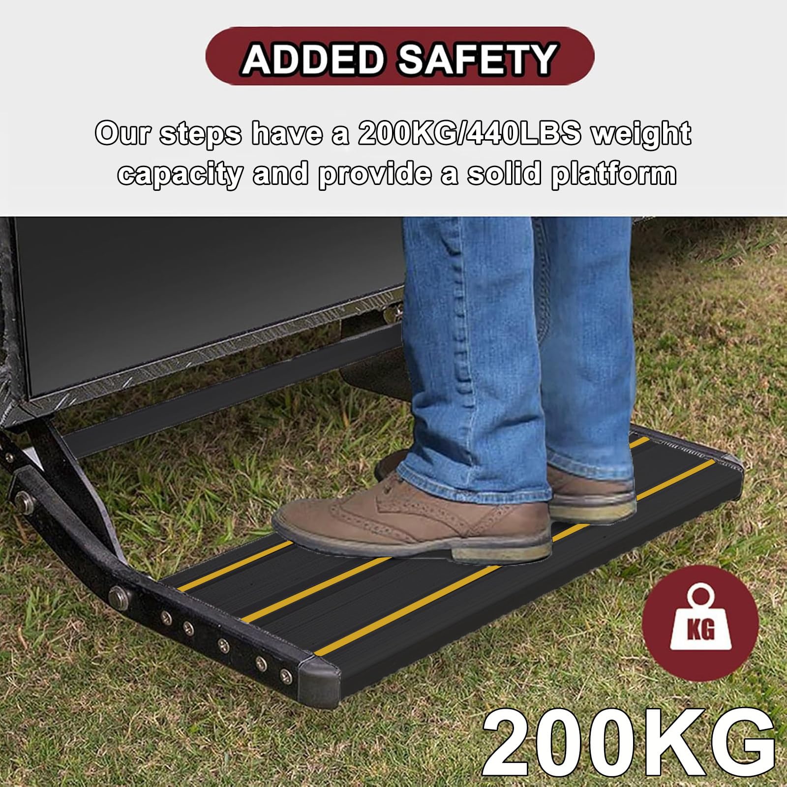 Jednowarstwowy RV Step Stool 440lbs Ładunek Anodowany aluminiowy chowany pedał wejścia z LED Light Anti Slip Safe do Camper Van Trailer Silver