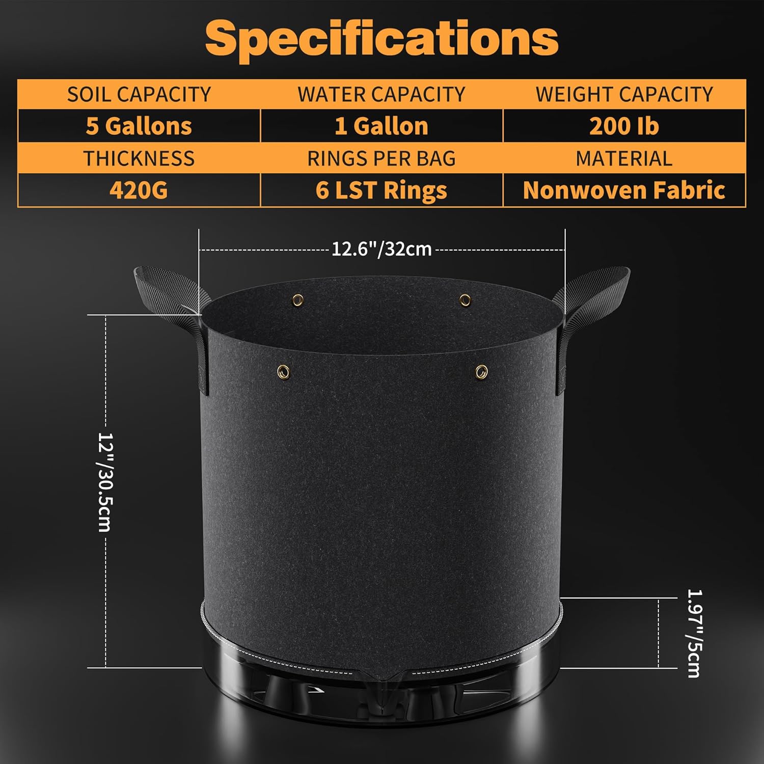 Self-Watering Grow Bags, 5-Pack 5 Gallon 420G Thick Nonwoven Fabric Pots with Reinforced Handles and Multi-Purpose Rings, for Low Stress Plant Training Fruits, Vegetables,and Flowers - Image 6