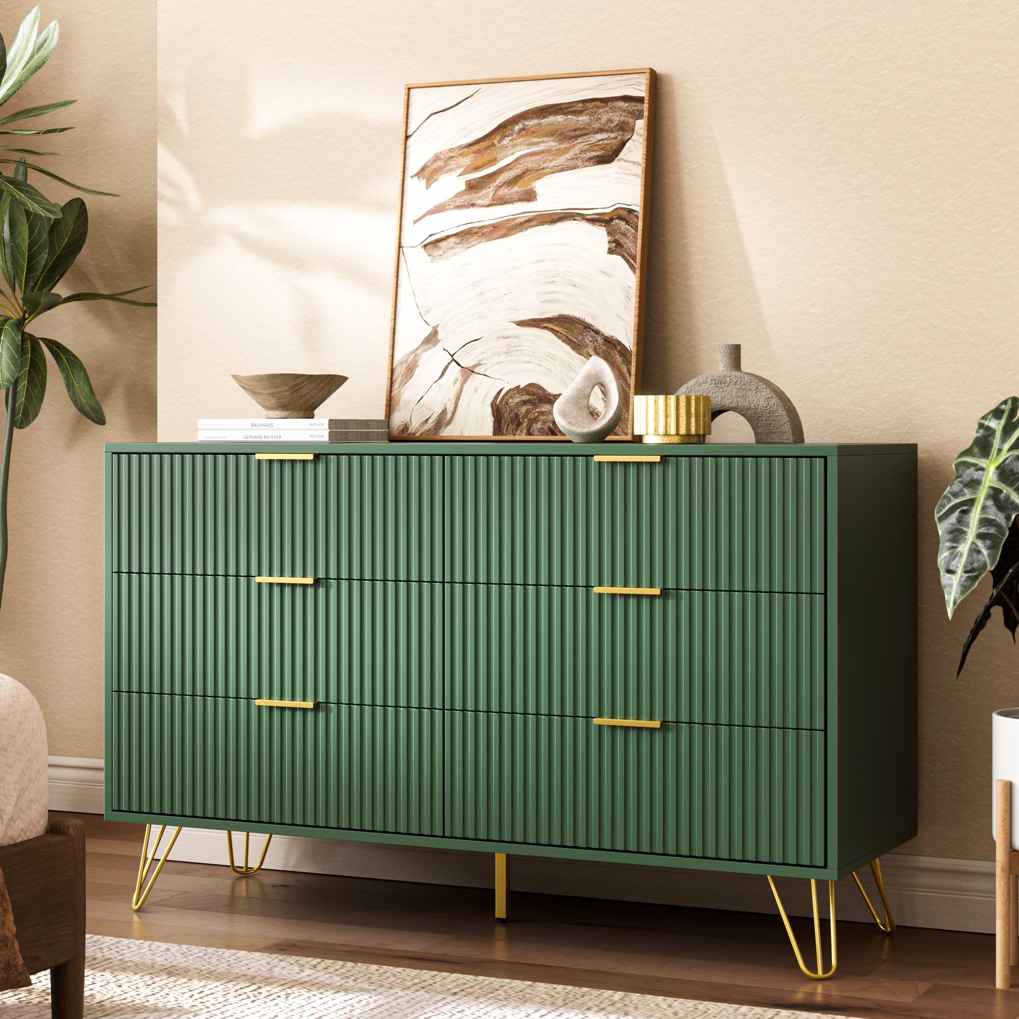 Fluted 6 Drawer Dresser for Bedroom, Modern Drawer Dressers with Gold Metal Handles & Chests of Drawers, Wood Drawer Organizer for Bedroom, Green