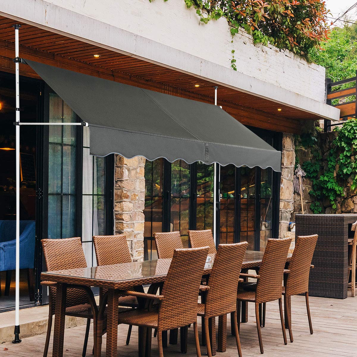 RELAX4LIFE Store Banne Manuel sans Perçage, Auvent Balcon Rétractable avec Manivelle, Tissu Oxford Anti-UV Imperméable, Hauteur Réglable 2-3 M, Store Banne pour Porte Fenêtre (Gris, 250 X 125 cm)