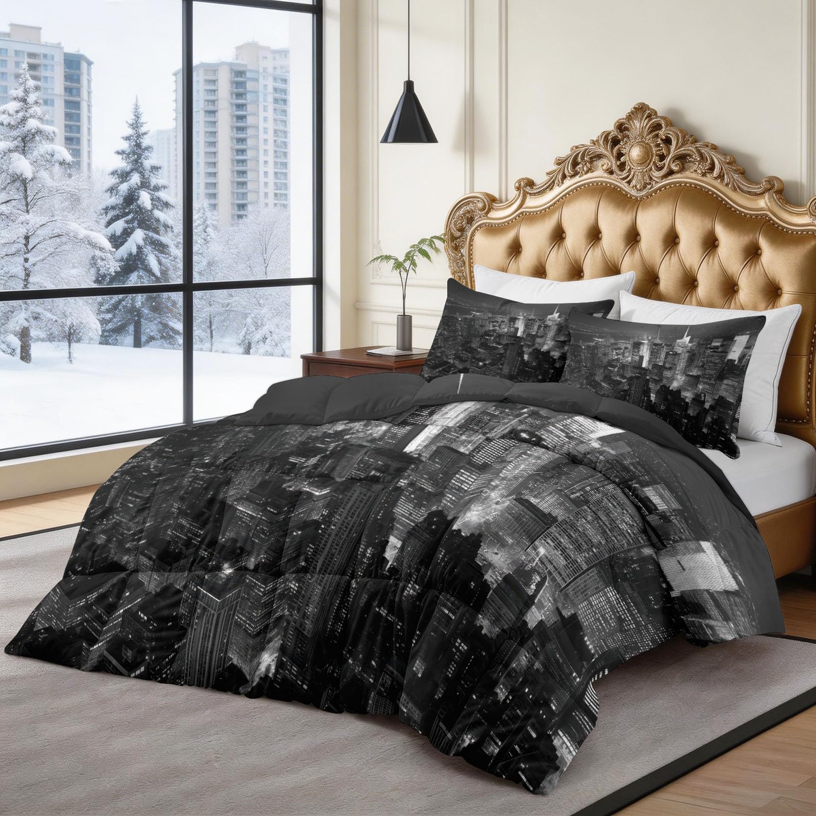 Trapunta Copriletto 150x200 cm Vista Notturna Della Città Grigia Trapuntino 4 Stagioni Stampa 3D, Trapunta Inverno Estivo, Trapuntato Coperta Letto per Adulti Bambini