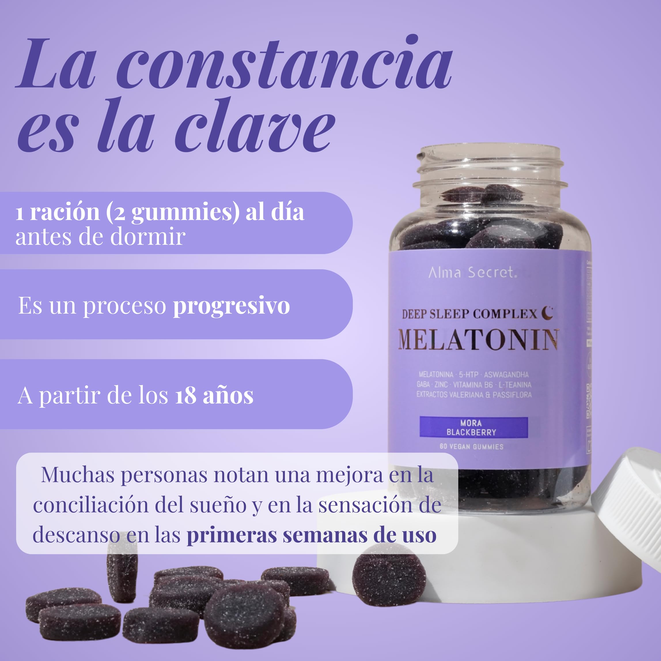Alma Secret | Deep sleep complex melatonin | Gummies veganas para un descanso profundo y mejorar el sueño | Con Melatonina, Ashwagandha Sensoril®, GABA y L-Teanina | Ayuda a dormir y manejar el estrés