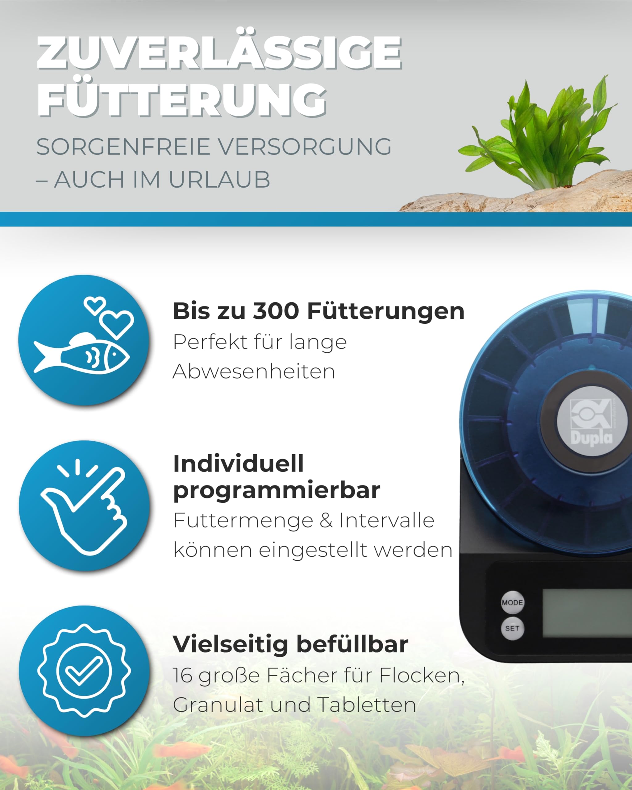 Dupla DuplaMatic I programmierbarer Futterautomat für Aquarien I Fischfutter-Spender für bis zu 6 Fütterungen pro Tag I 60 ml Kapazität I Aquarium-Futterspender