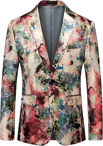 MOGU Men Blazer Casual Sport Coat Slim Fit Printed Suit Jacket Size 36 Cream