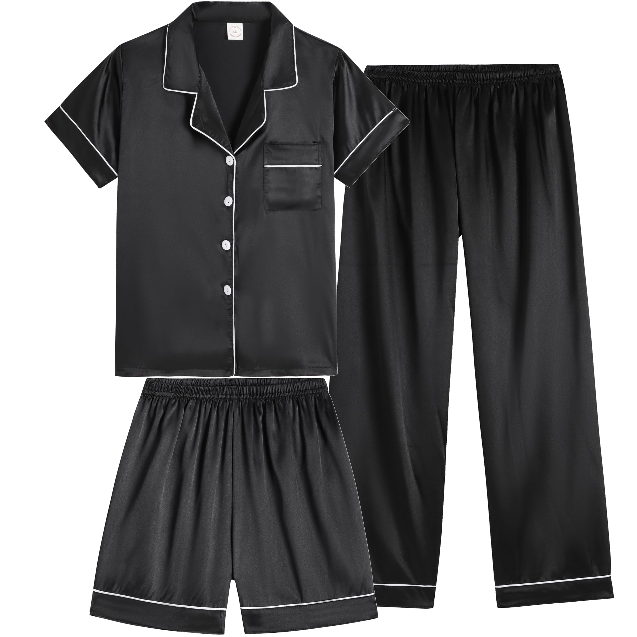 Vopmocld Satin Pajama Sets Unisex Boys and Girls Silk Button Down Short Sleeve & Shorts & Pants Sleepwear 3PCS Loungewear PJS