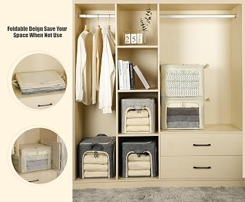 3 Openings Clothes Storage Bins with Metal Frame, Foldable Storage Bin for Clothes, Clothing Storage Bins with Lid, Linen Storage Box With Clear Window& Zippers& Durable Handles.(3 Pcs,Beige,40L)