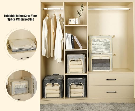 3 Openings Clothes Storage Bins with Metal Frame, Foldable Storage Bin for Clothes, Clothing Storage Bins with Lid, Linen Storage Box With Clear Window& Zippers& Durable Handles.(3 Pcs,Beige,40L)