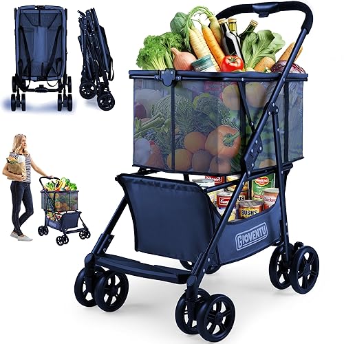 𝟐𝟎𝟐𝟓 𝐔𝐩𝐠𝐫𝐚𝐝𝐞𝐝 Folding Shopping Cart with Wheels, 80lbs Multi Use Grocery Carts with 360° Wheels & Removable Tote Bag, 2-Tier Portable Personal Shopping Carts for Groceries Laundry (Blue) - Blue