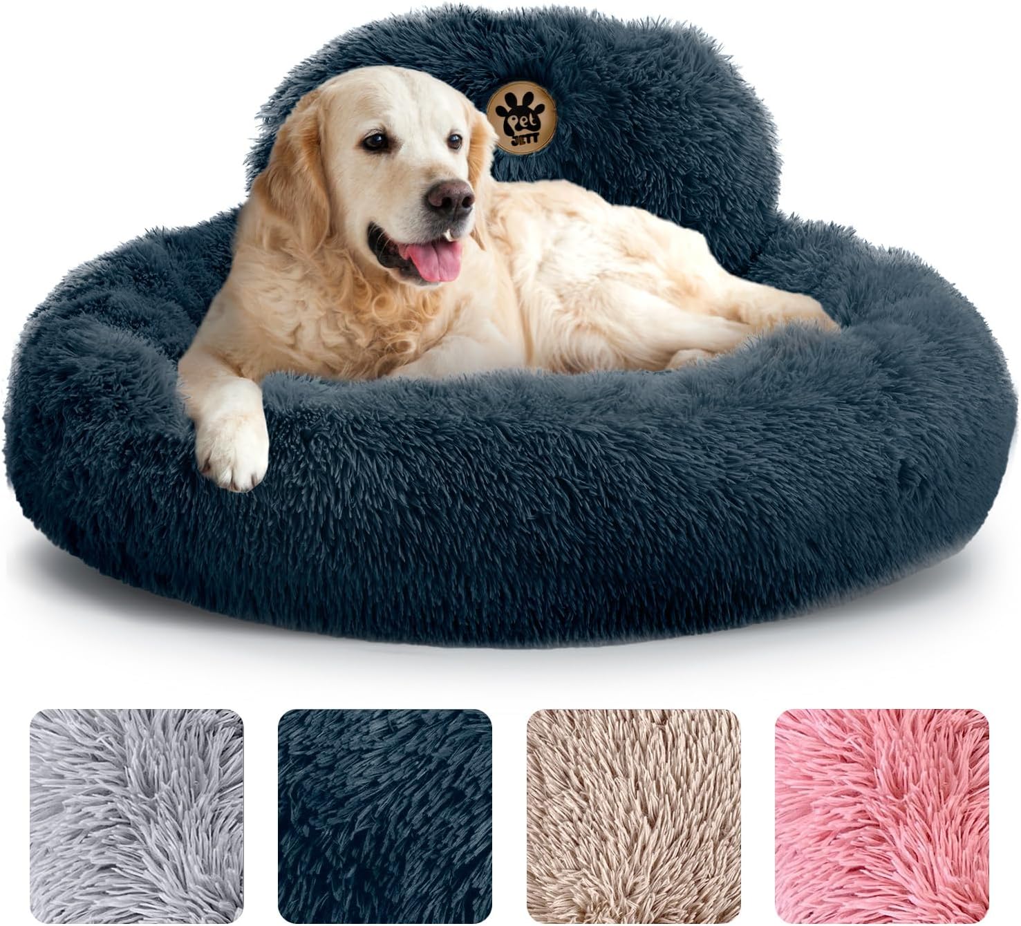 PetJett Calming Dog Beds Large Sized Dog - 36'' Round Bed, Anti-Slip & Washable Super Soft Donut Bed, Fluffy Faux Fur Anti-Anxiety Premium Comfort Pet Bed, Fits Dogs up to 100 lbs - Dark Grey Dark Gray Large - 36”L x 36”W x 10”Th