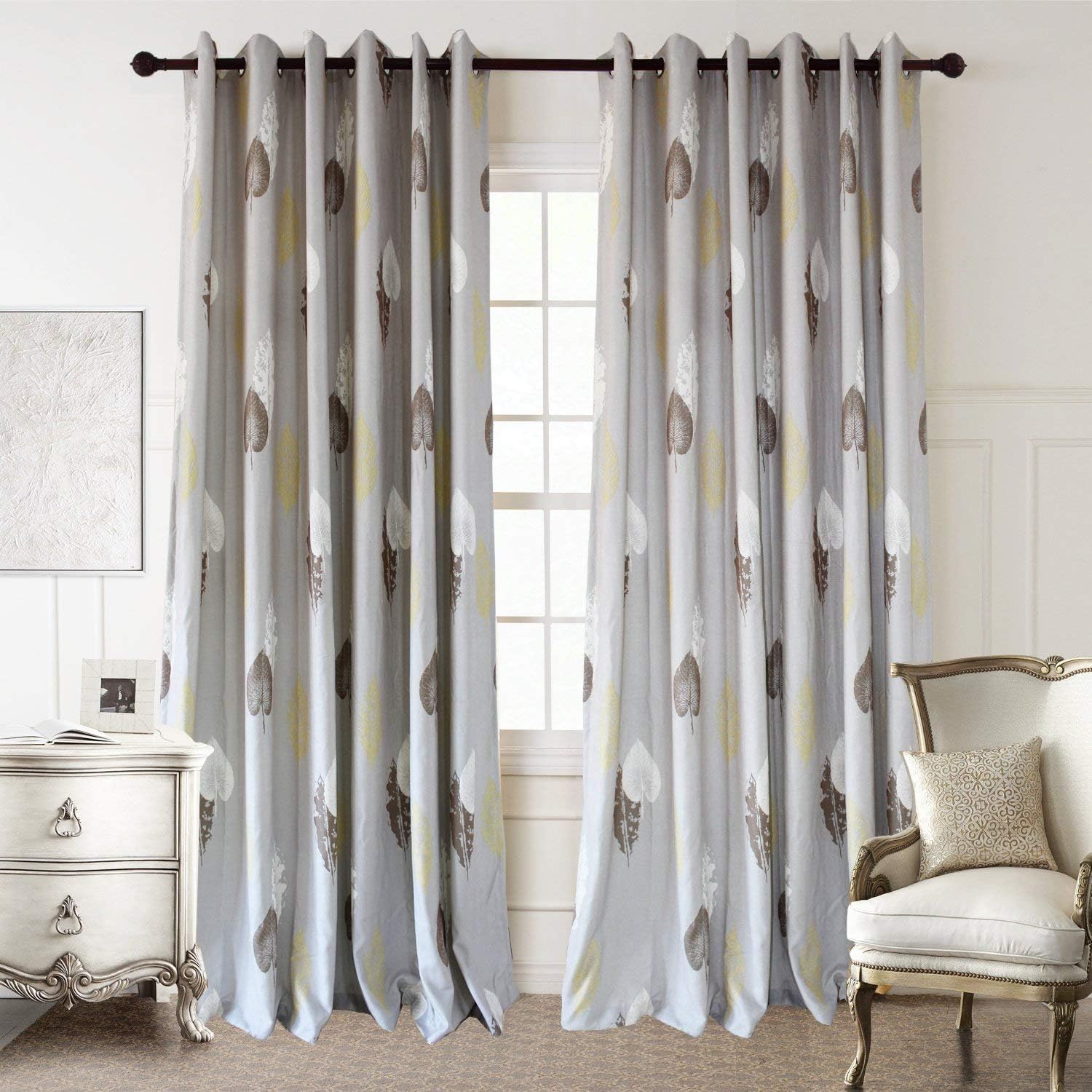Anady Top White/Brown/Yellow Leaf Curtains 2 Panels Soft Grey Curtains Drapes for Living Room Grommet 84 inch Long