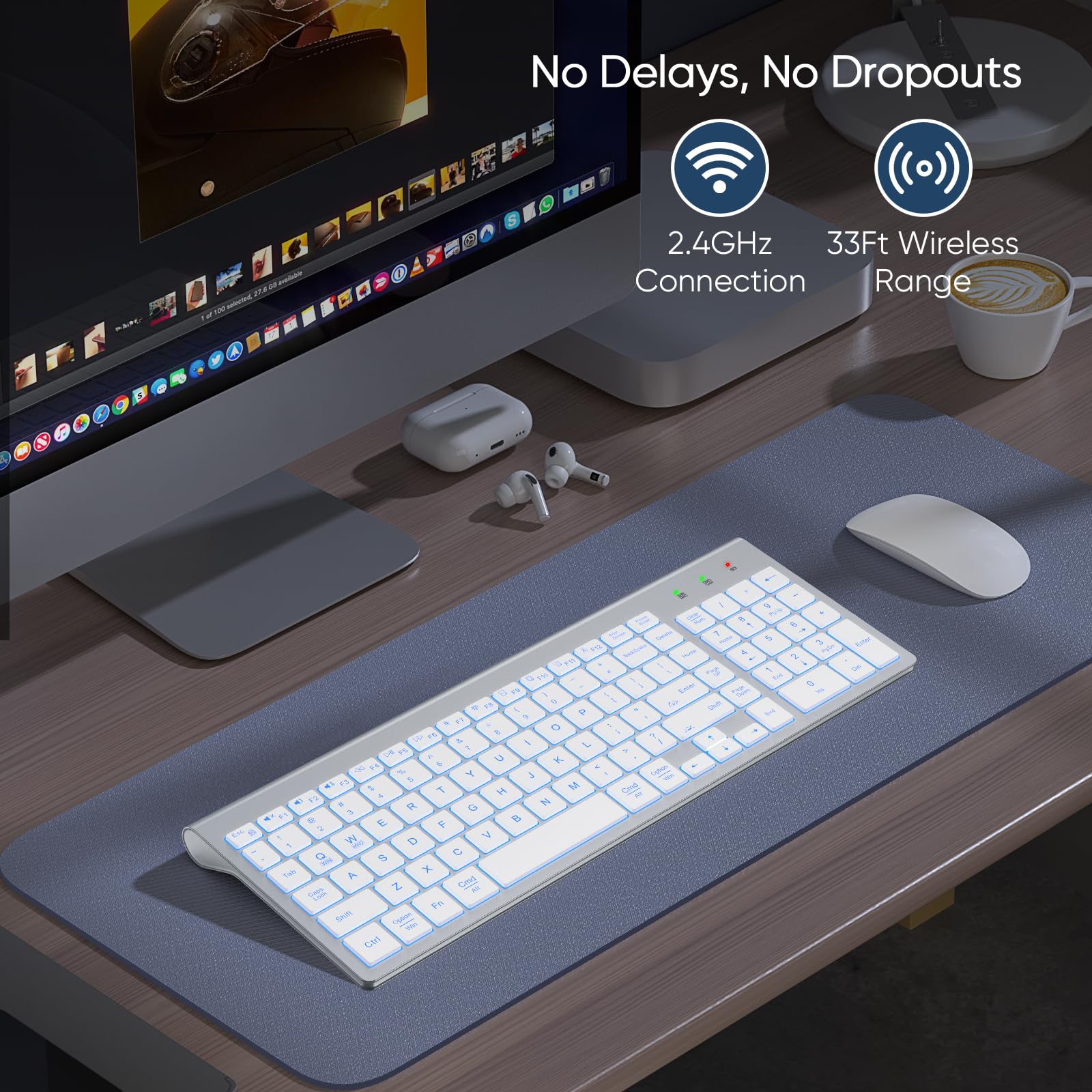 SABLUTE Wireless Keyboard with 7 Colored Backlits, Rechargeable Silent Compact Cordless Computer Keyboard with Low Profile Quiet Light Up Keys for Windows, PC, Linux, Chrome, Mac (White): Silver