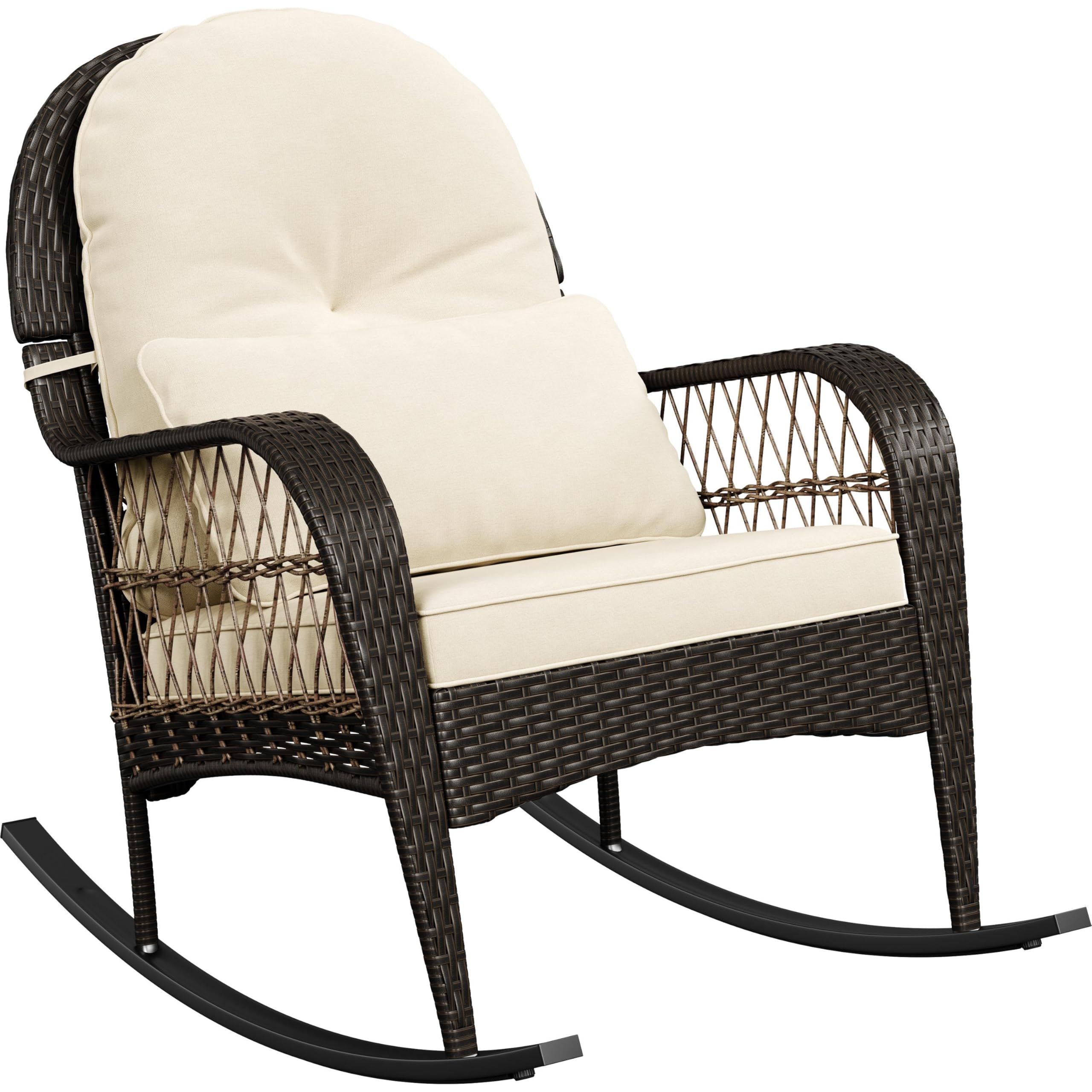 Yaheetech 1PC Outdoor Rocking Chair, Garden Rattan Wicker Rocking Chair with Lumbar Pillow & Cushion, All-Weather Hand-Woven Relaxing Rocker for Patio, Poolside, Porch, Balcony, Brown/Beige