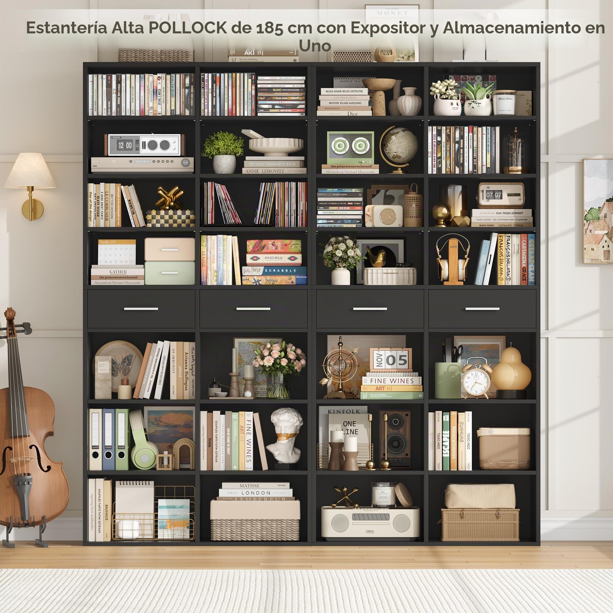 HOCSOK Estantería de 185,5 cm de alto con 2 cajones, estantería de 8 niveles, estantería de almacenamiento abierta para estudio, oficina, salón, dormitorio, color negro
