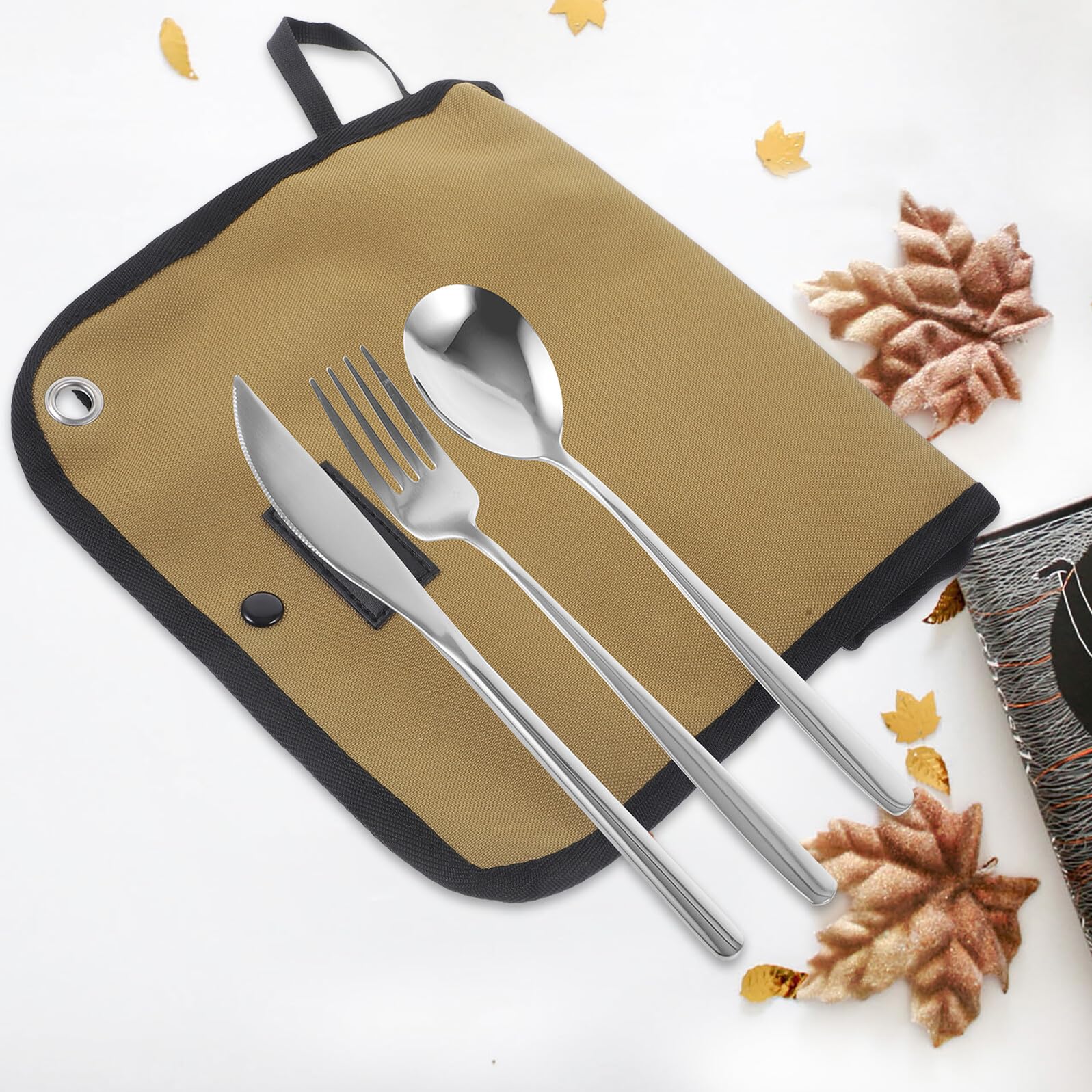 Campingbesteck Satz 1 Satz aus Edelstahl in Silber mit Tasche | Nylon Beutel, für Camping und Restaurant, Leicht zu Reinigen, Tragbar und Einfach Mitzunehmen