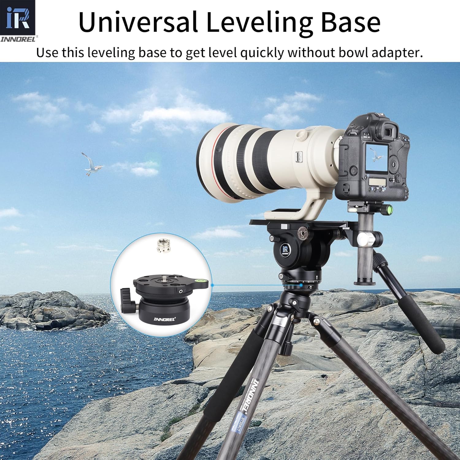 INNOREL Tripod Leveling Base, LB60 Leveling Base Half Ball with Offset Bubble Level and Bubble Level Bag for Canon, Nikon and Other DSLR Cameras with 1/4" Thread, Tripods and Monopods with 3/8" Thread