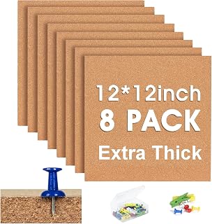 SVOPY 8-Pack Extra Thick 12x12 Inch Square Cork Bulletin Board Tiles - Self-Adhesive Wall Cork Sheets for Home Office School Decor