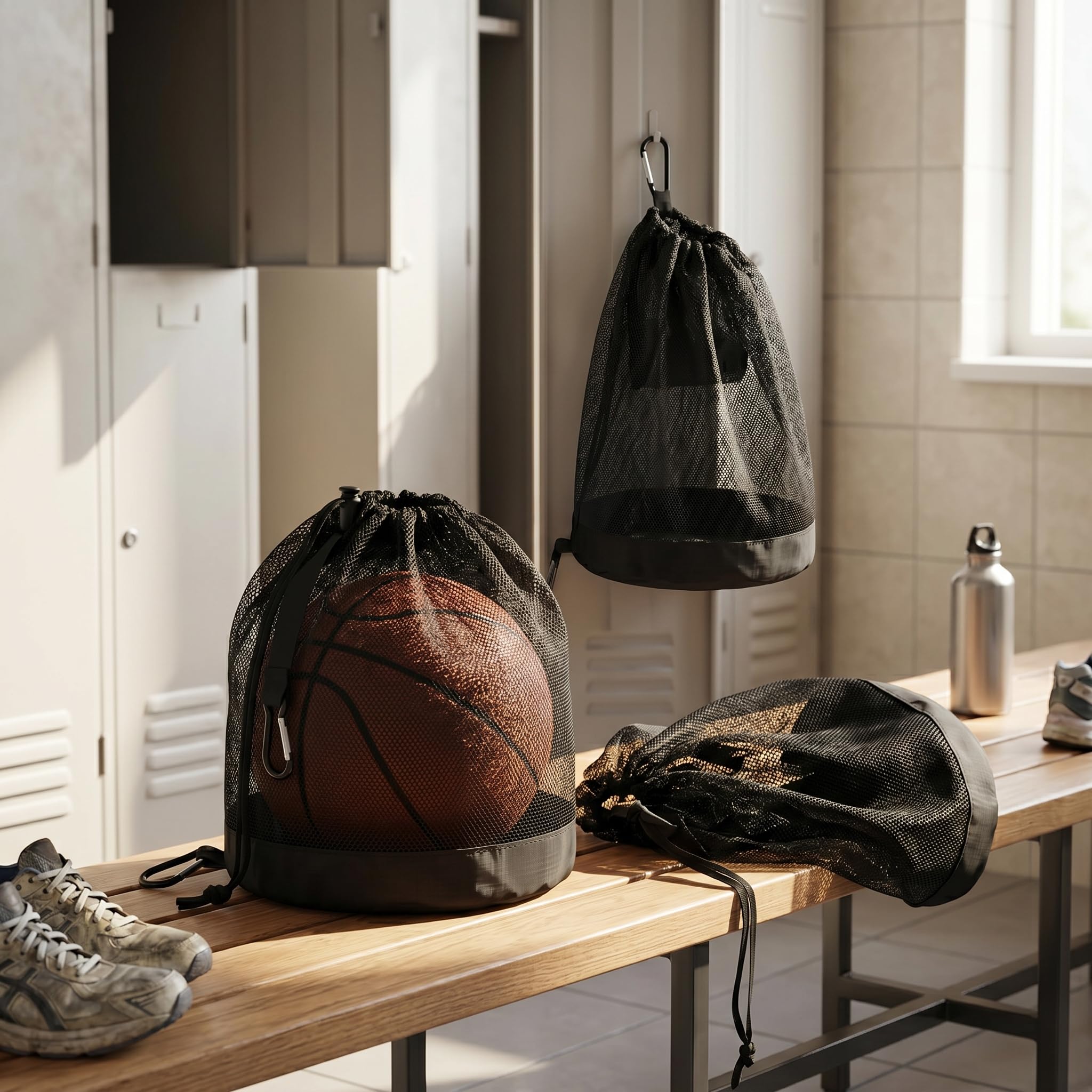 Borsa Porta palloni Zaino Rete Sportiva 2 Pezzi Grande capacità Nero per Basket Calcio pallavolo Tennis con Gancio Portatile Resistente per Palestra Allenamento Viaggio
