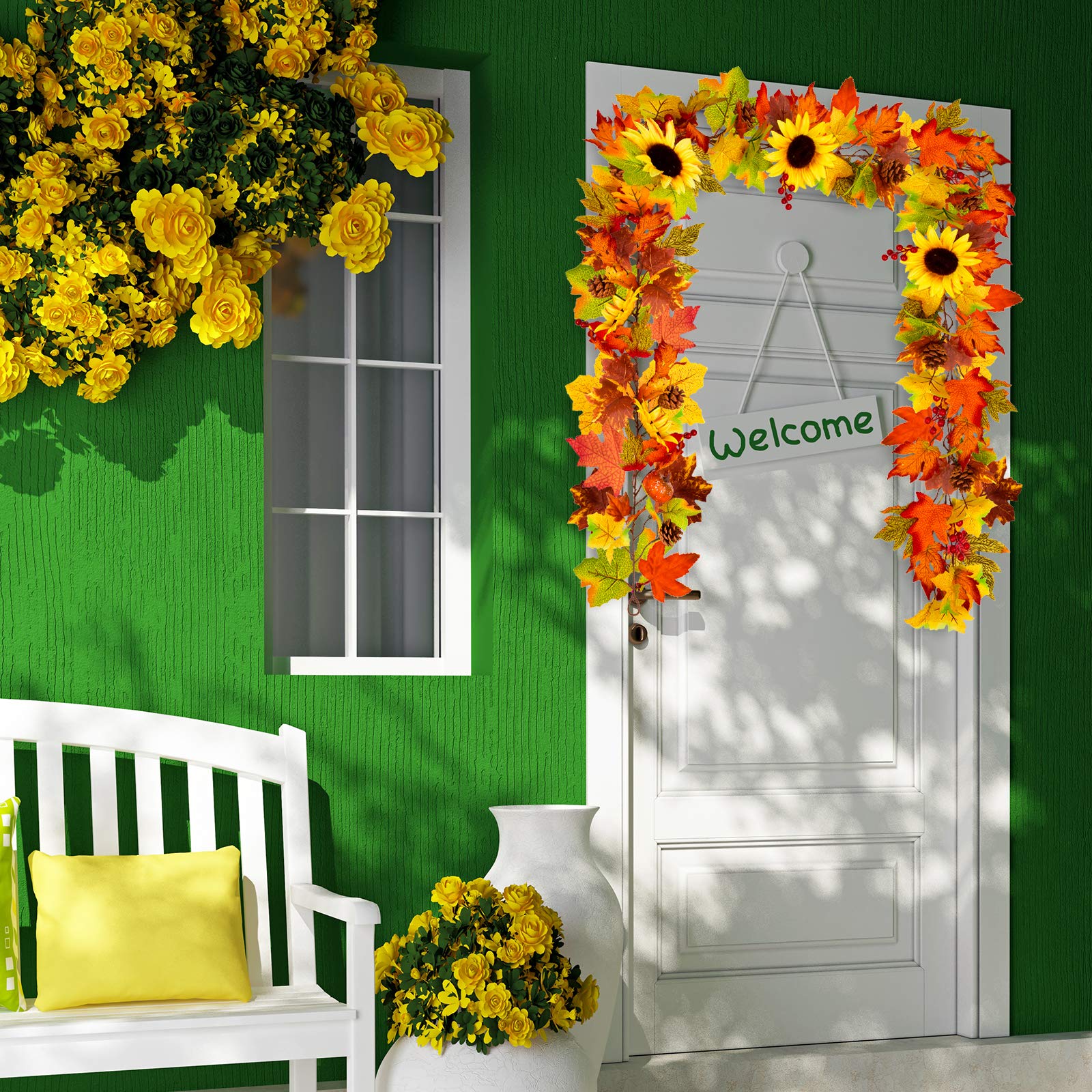 Whaline Ghirlanda artificiale con foglie d'acero autunnali da appendere, 1,8 m, girasole, zucca, bacche di pino, decorazione autunnale con 2 ganci, ghirlanda di fogliame autunnale per il
